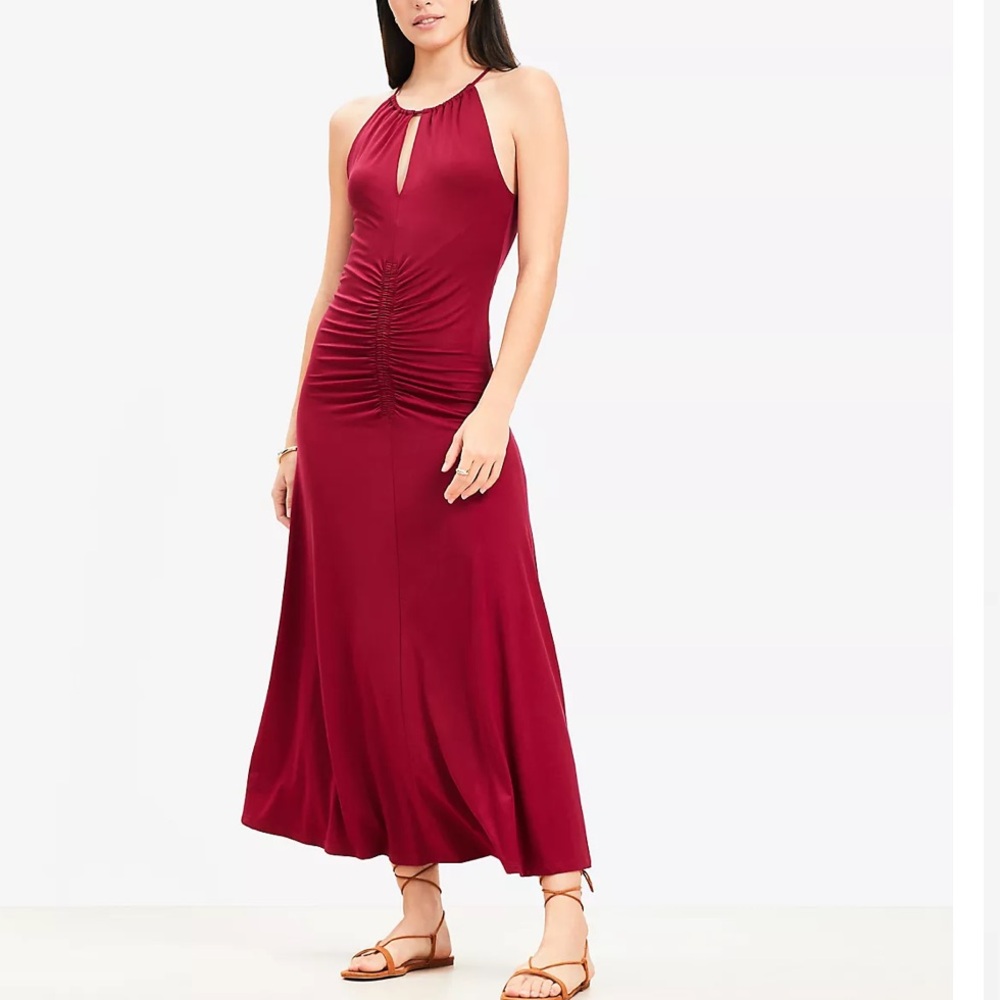 Ruched halter midi dress red